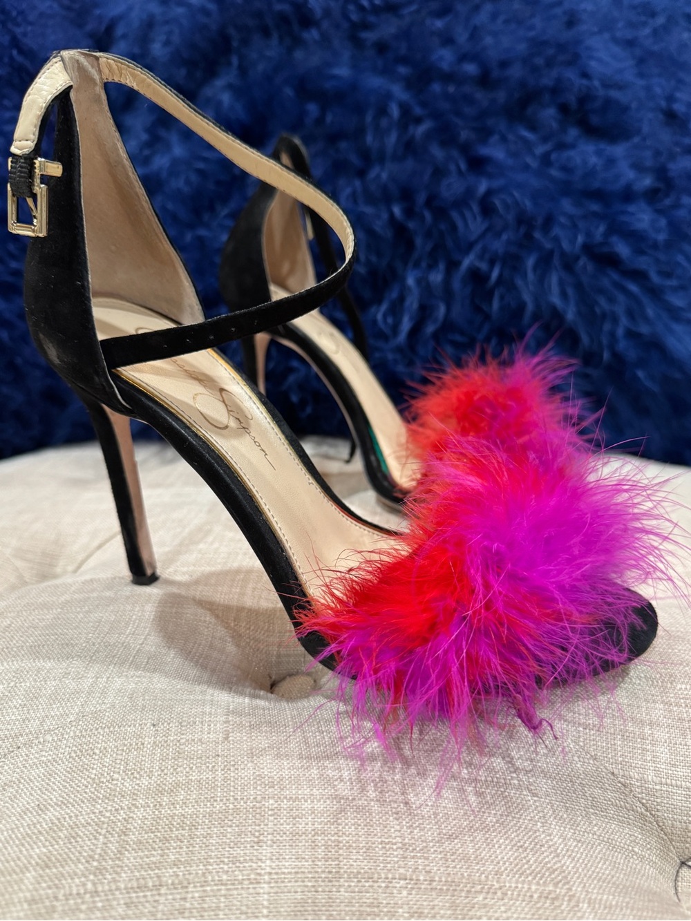 Jessica Simpson Black Stiletto Sandals with Pink & Red Feather Trim